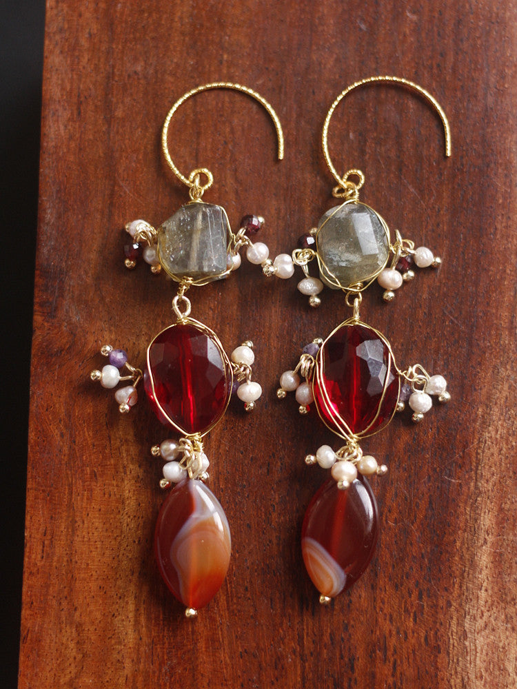 Vintage Natural Moonstone & Agate Earrings | Luxury Mid-Century Style | Celebrity Inspired