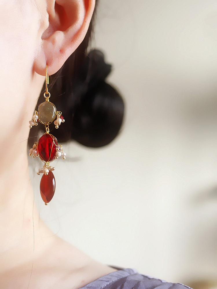 Vintage Natural Moonstone & Agate Earrings | Luxury Mid-Century Style | Celebrity Inspired