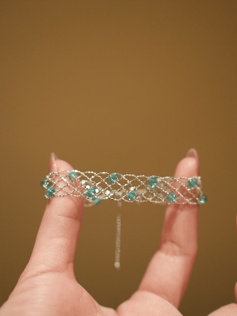 925 Sterling Silver Mesh Bracelet with Natural Aquamarine Stones | Handcrafted Woven Design - Doraflora