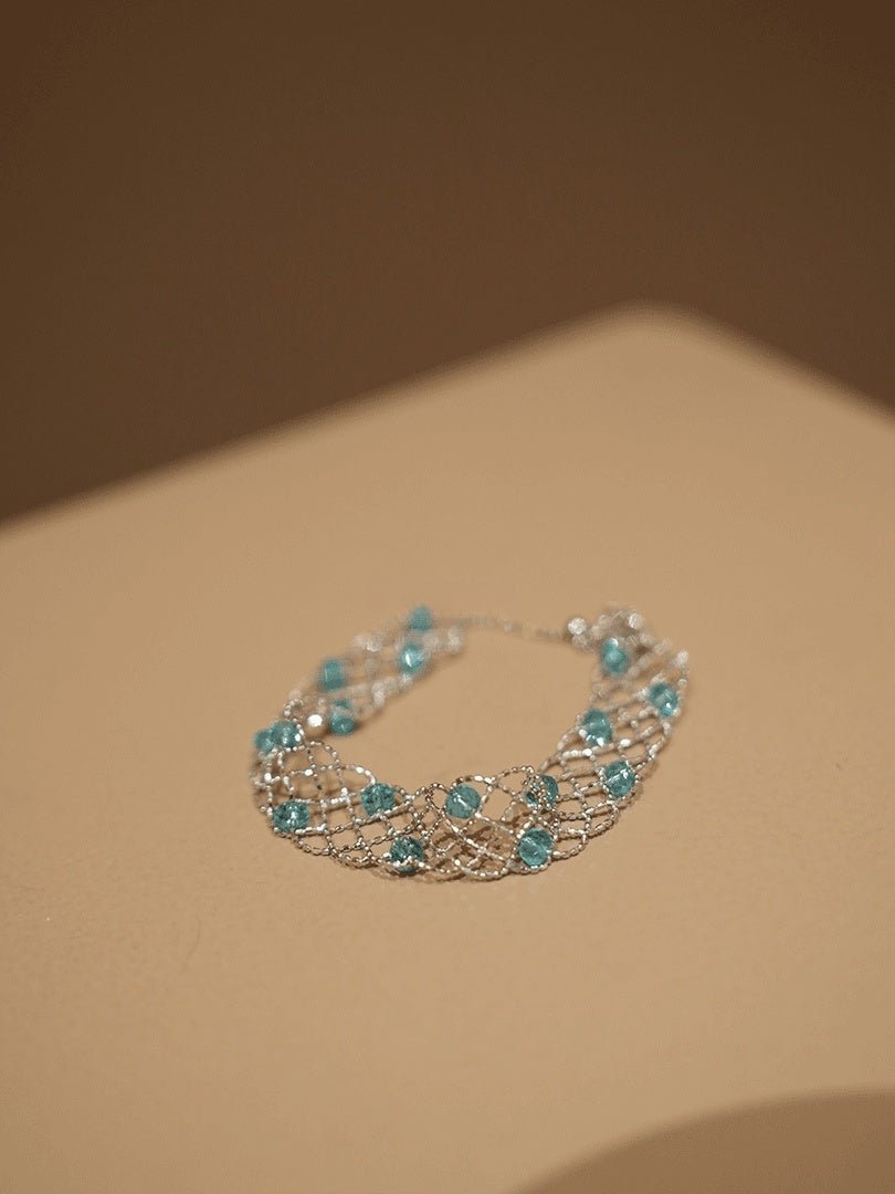 925 Sterling Silver Mesh Bracelet with Natural Aquamarine Stones | Handcrafted Woven Design - Doraflora