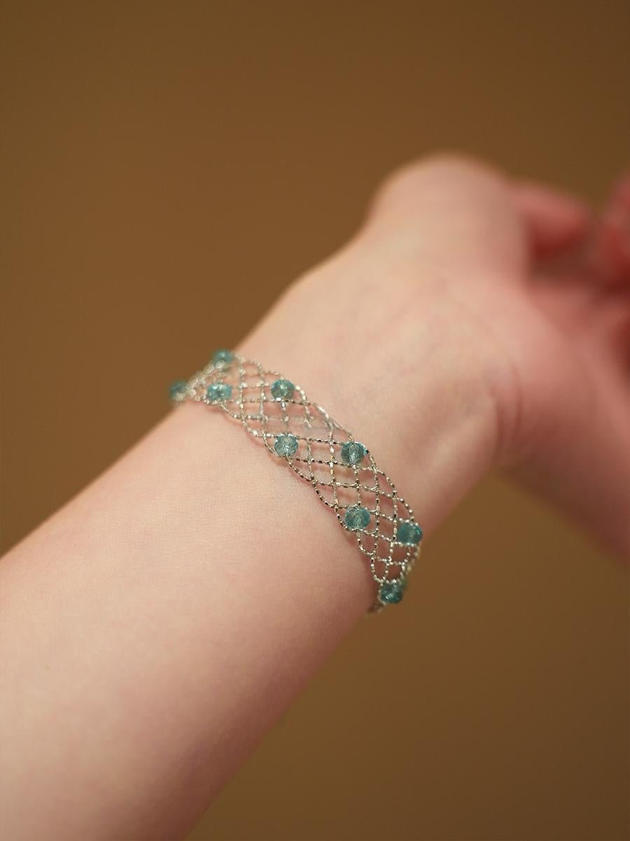 925 Sterling Silver Mesh Bracelet with Natural Aquamarine Stones | Handcrafted Woven Design - Doraflora