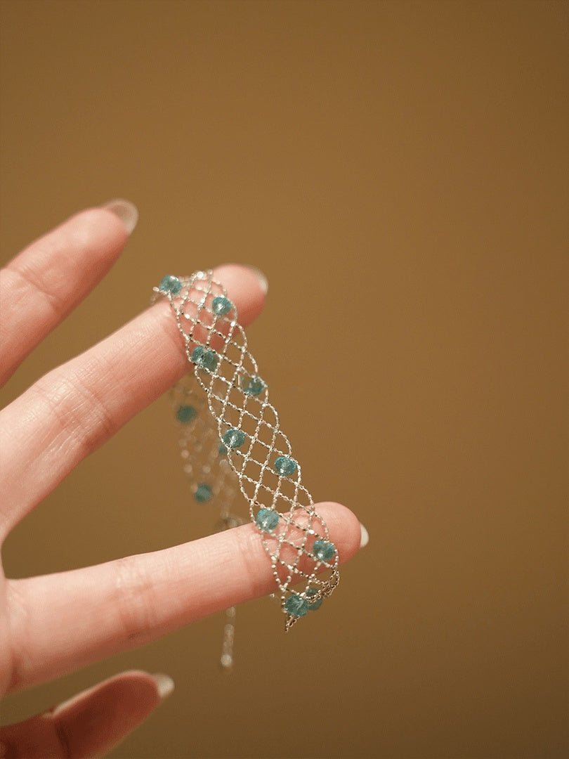925 Sterling Silver Mesh Bracelet with Natural Aquamarine Stones | Handcrafted Woven Design - Doraflora