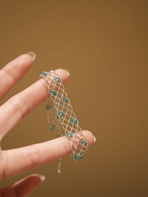925 Sterling Silver Mesh Bracelet with Natural Aquamarine Stones | Handcrafted Woven Design - Doraflora