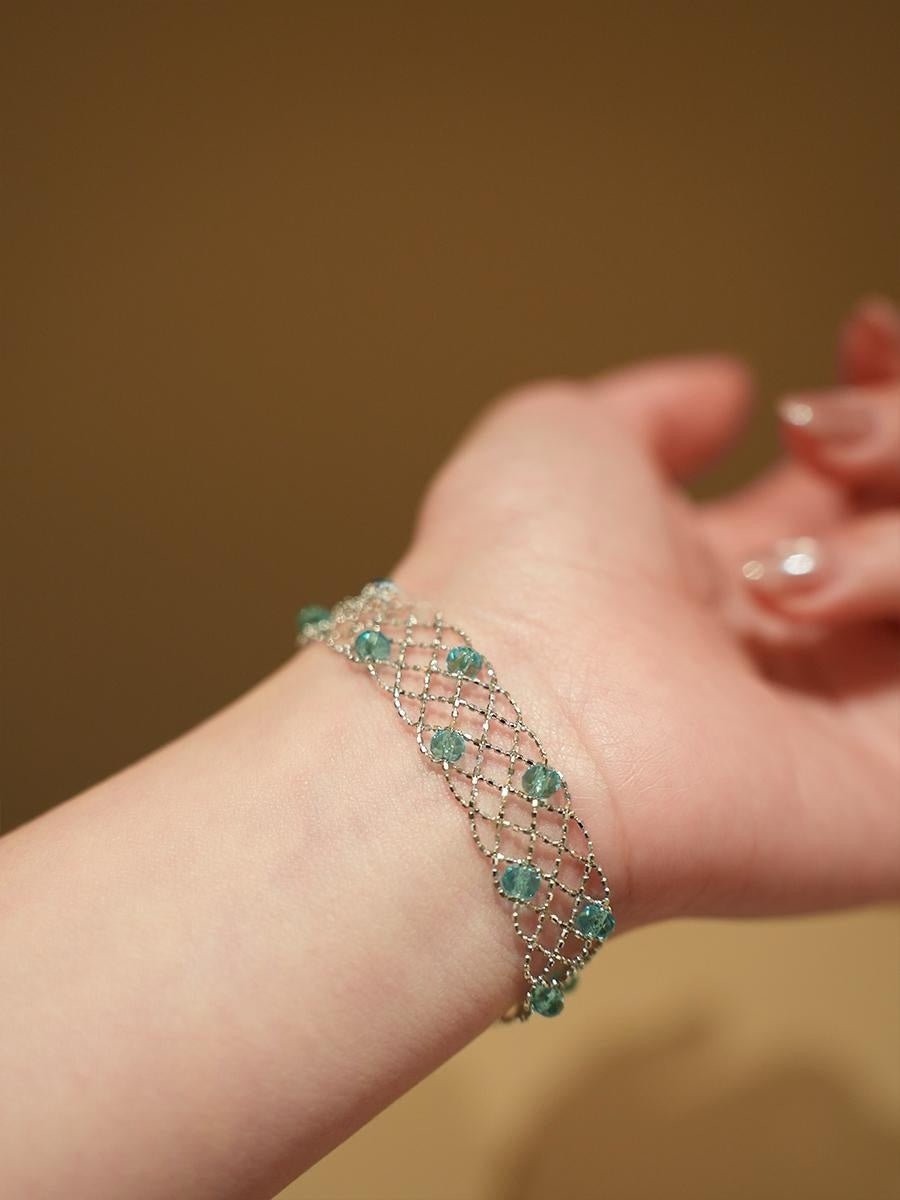 925 Sterling Silver Mesh Bracelet with Natural Aquamarine Stones | Handcrafted Woven Design - Doraflora