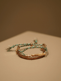 Handmade Layered Stackable Bracelet - Green Cord & Gold Accent Boho Wrist Jewelry