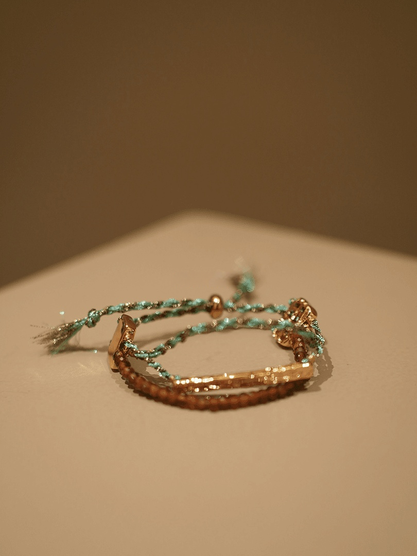 Handmade Layered Stackable Bracelet - Green Cord & Gold Accent Boho Wrist Jewelry