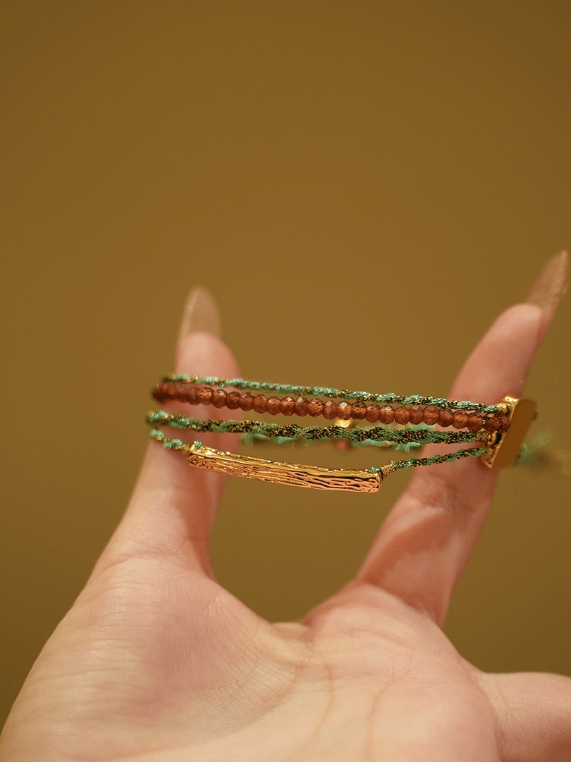 Handmade Layered Stackable Bracelet - Green Cord & Gold Accent Boho Wrist Jewelry