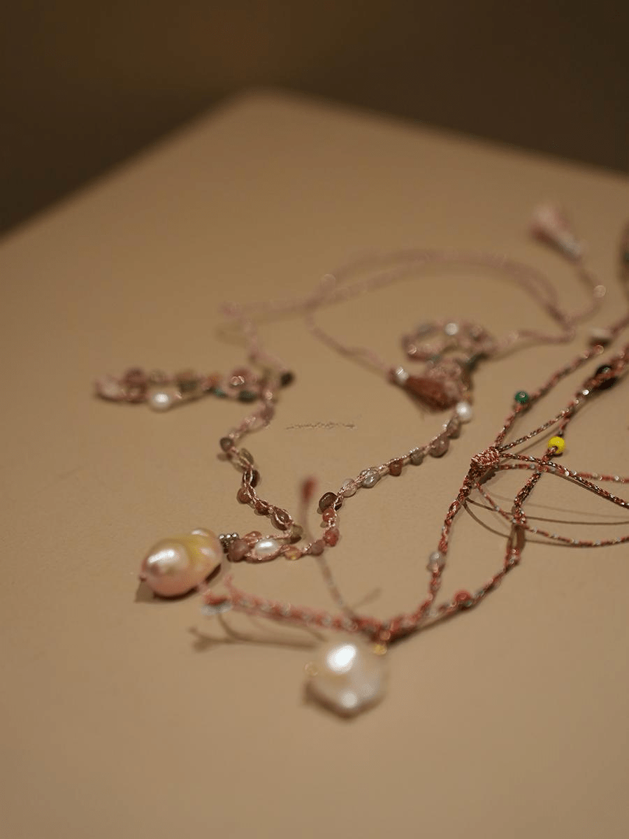 Baroque Pearl & Natural Crystal Hand - Woven Necklace | Pink Gemstone Boho Pendant Necklace - Doraflora