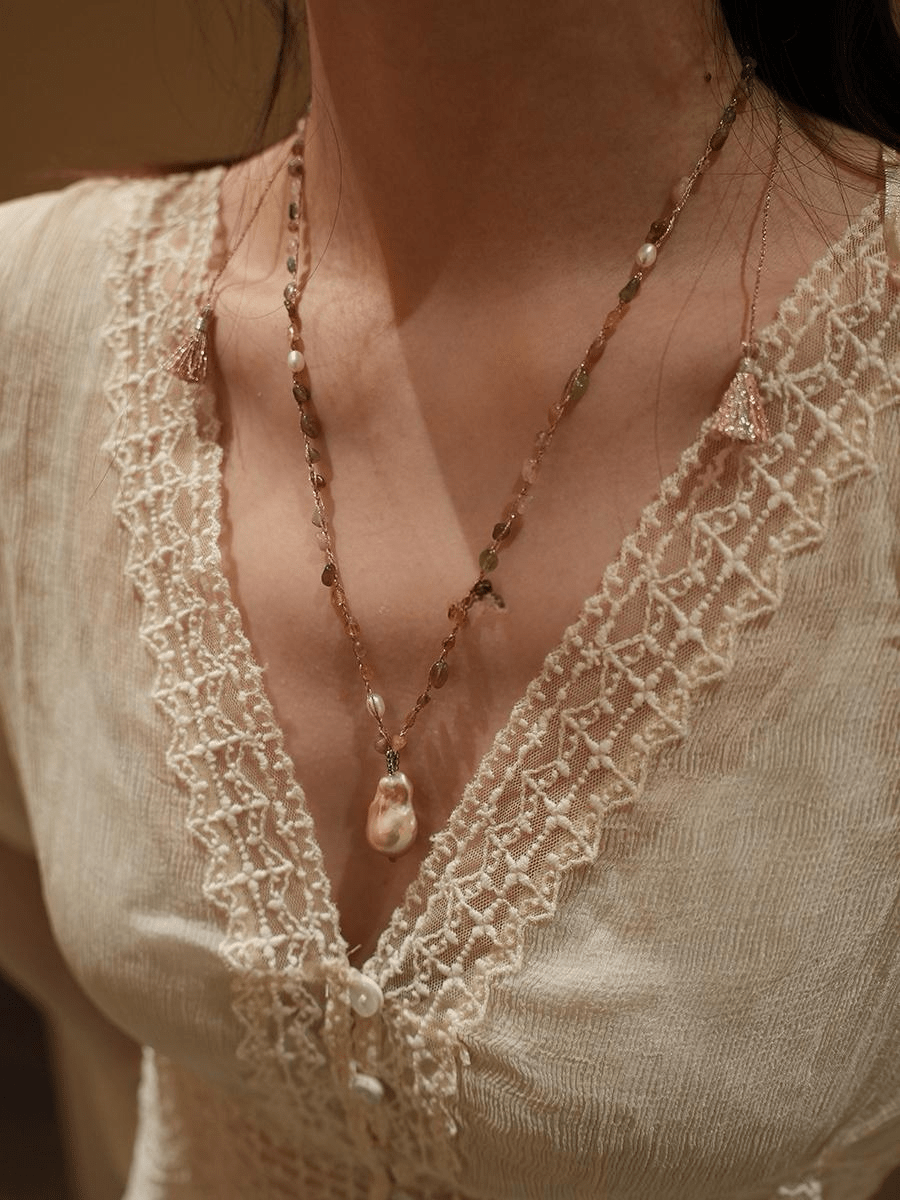 Baroque Pearl & Natural Crystal Hand - Woven Necklace | Pink Gemstone Boho Pendant Necklace - Doraflora