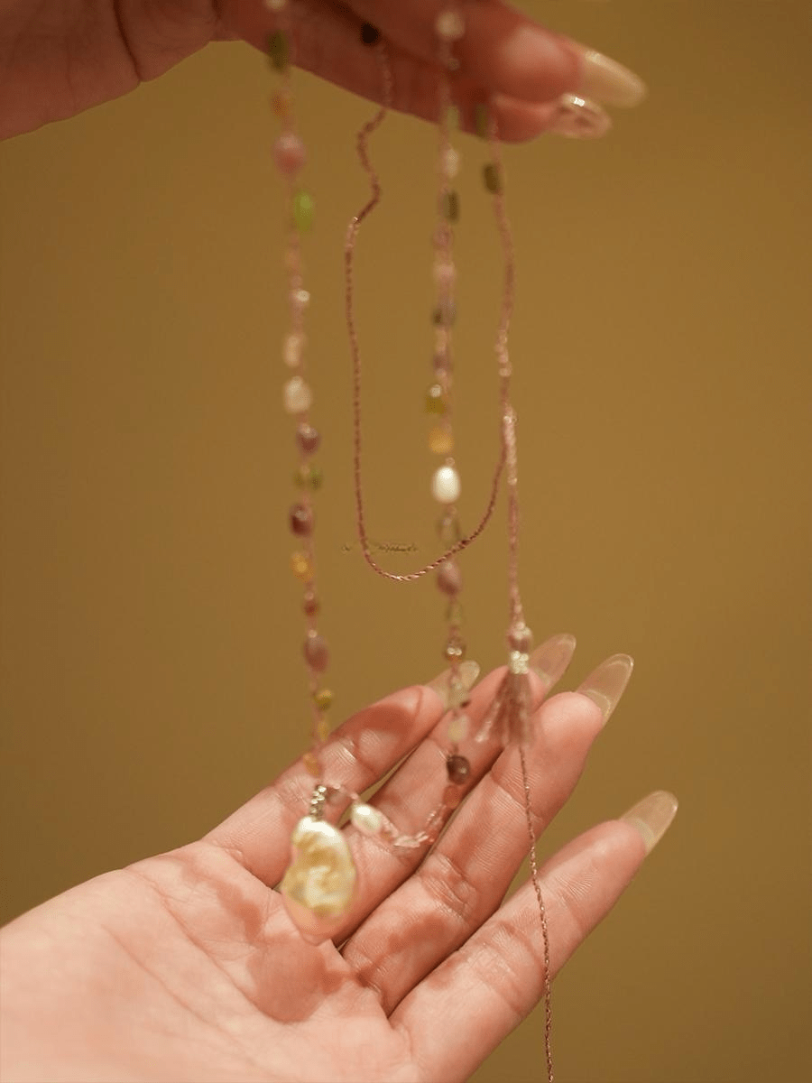 Baroque Pearl & Natural Crystal Hand - Woven Necklace | Pink Gemstone Boho Pendant Necklace - Doraflora