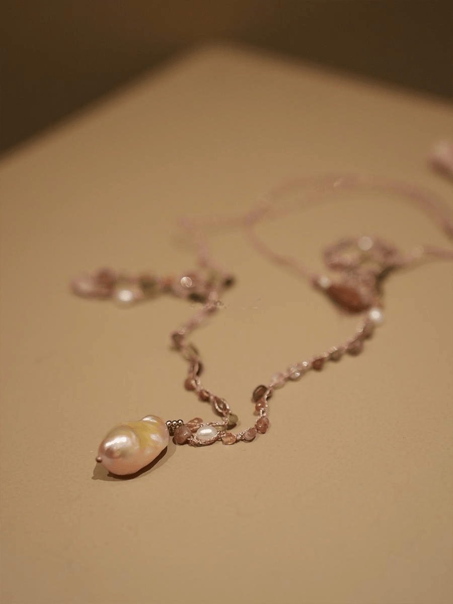 Baroque Pearl & Natural Crystal Hand - Woven Necklace | Pink Gemstone Boho Pendant Necklace - Doraflora
