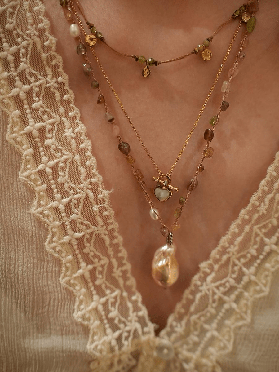 Baroque Pearl & Natural Crystal Hand - Woven Necklace | Pink Gemstone Boho Pendant Necklace - Doraflora