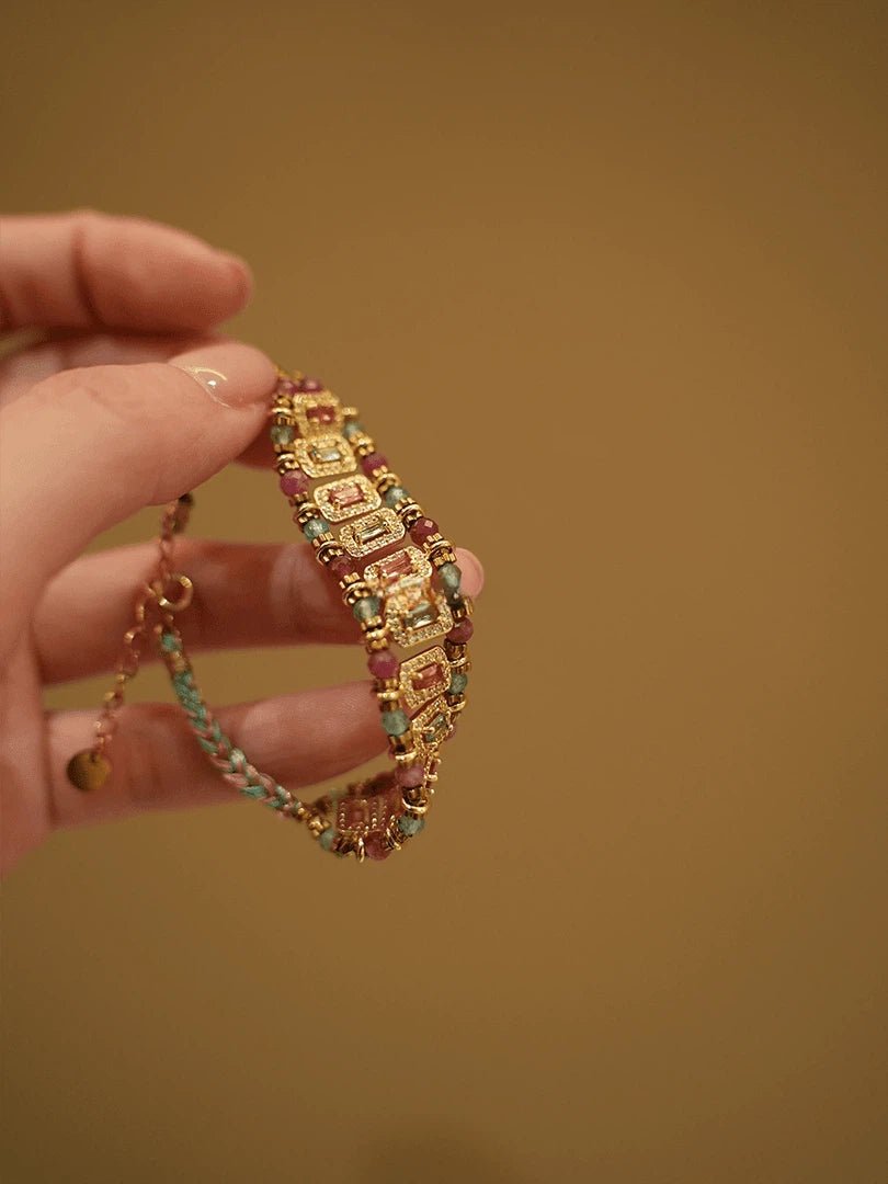 Bohemian Handwoven Red Zircon Bracelet - Vintage Gold Plated Braided Jewelry - Doraflora