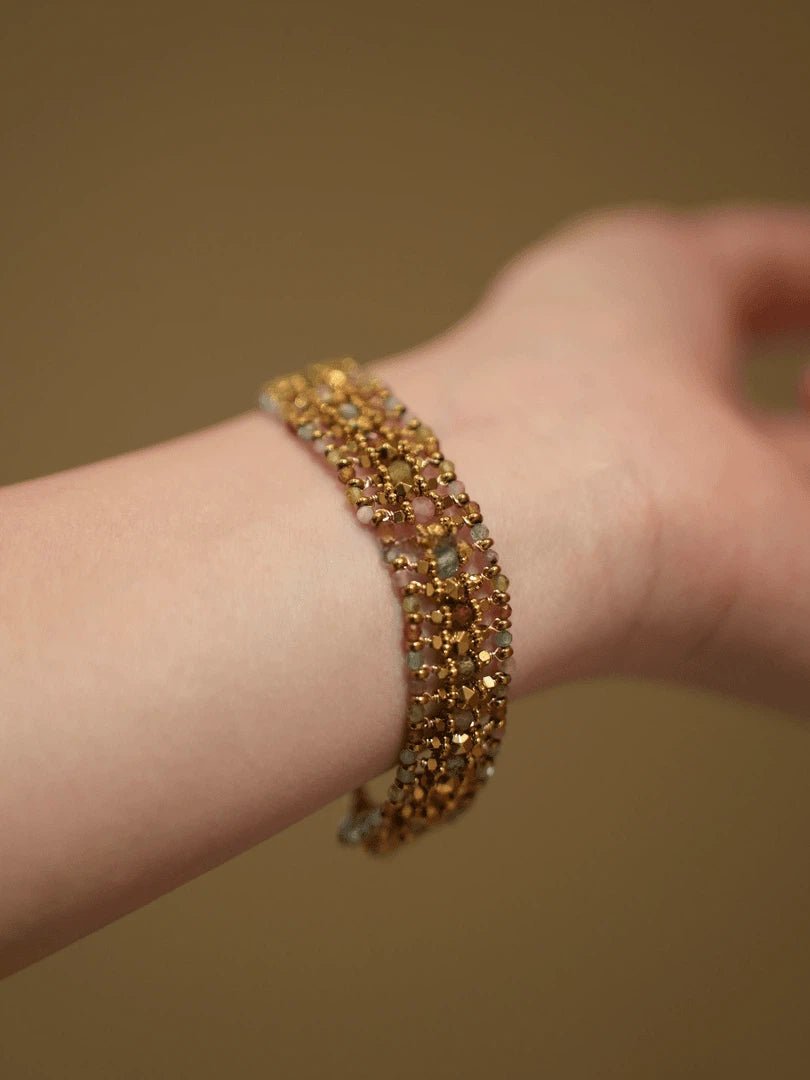 Bohemian Handwoven Red Zircon Bracelet - Vintage Gold Plated Braided Jewelry - Doraflora