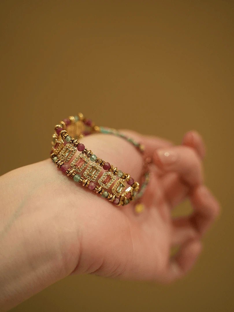 Bohemian Handwoven Red Zircon Bracelet - Vintage Gold Plated Braided Jewelry - Doraflora