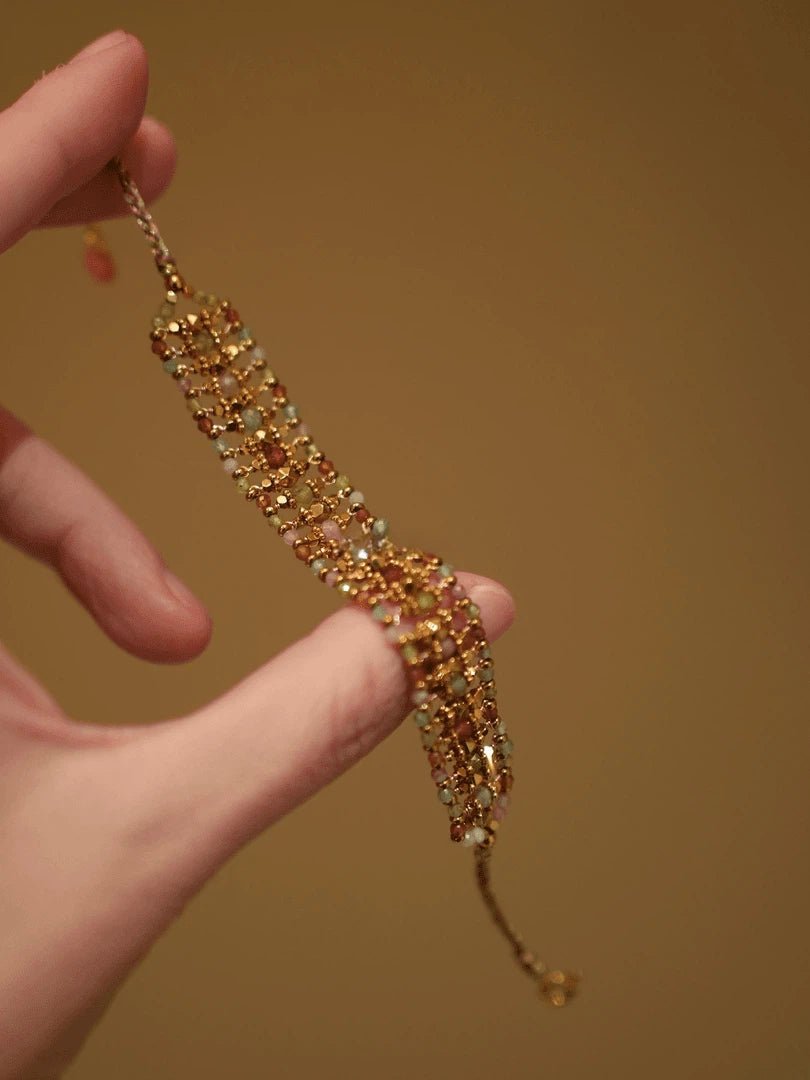 Bohemian Handwoven Red Zircon Bracelet - Vintage Gold Plated Braided Jewelry - Doraflora