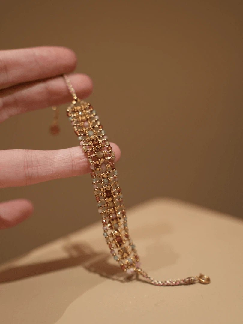 Bohemian Handwoven Red Zircon Bracelet - Vintage Gold Plated Braided Jewelry - Doraflora