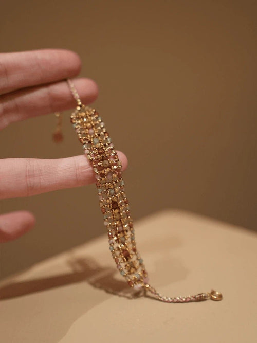 Bohemian Handwoven Red Zircon Bracelet - Vintage Gold Plated Braided Jewelry - Doraflora