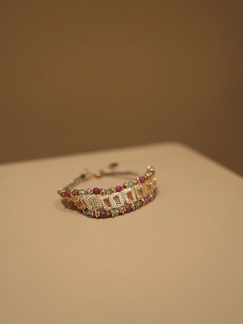 Bohemian Handwoven Red Zircon Bracelet - Vintage Gold Plated Braided Jewelry - Doraflora