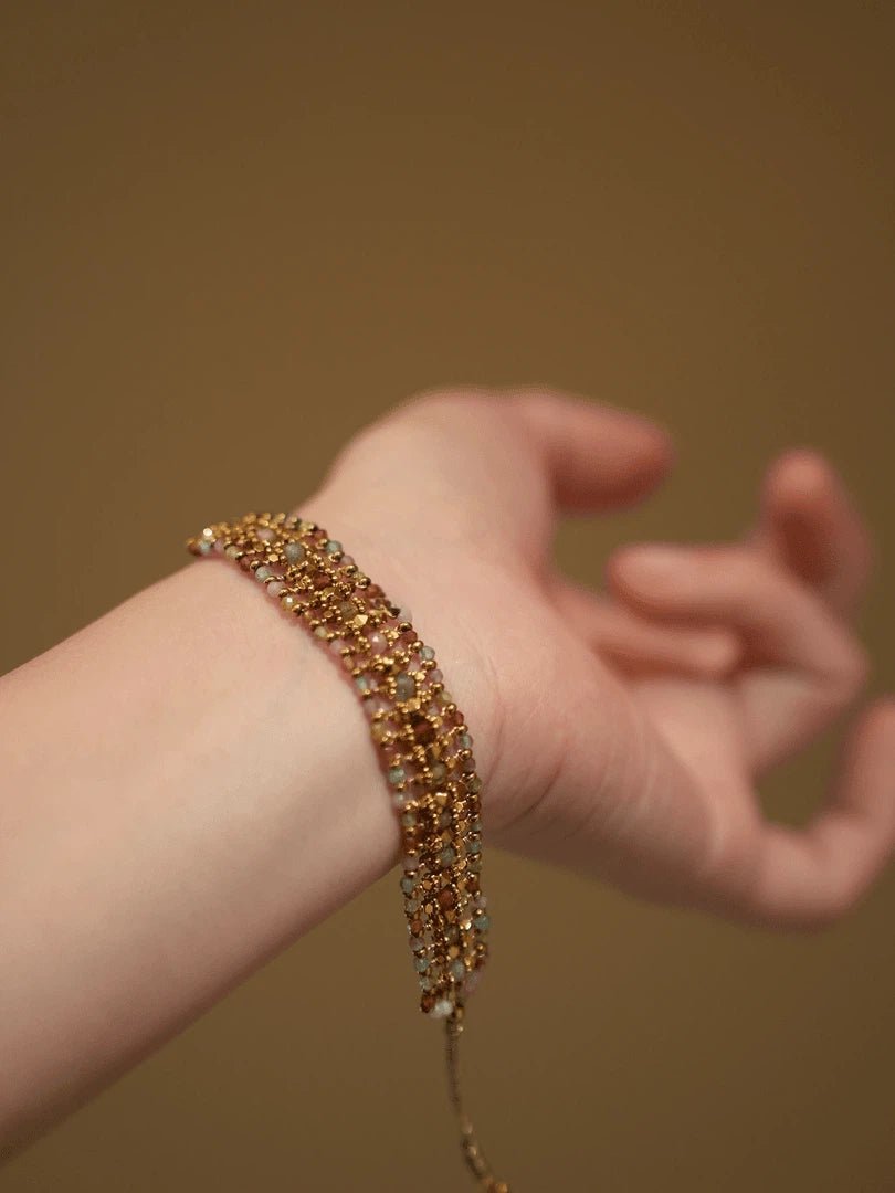 Bohemian Handwoven Red Zircon Bracelet - Vintage Gold Plated Braided Jewelry - Doraflora