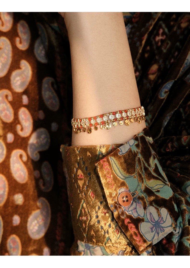 Bohemian Red Agate & Gold Coin Tassel Bracelet - Waterproof Titanium Steel - Doraflora