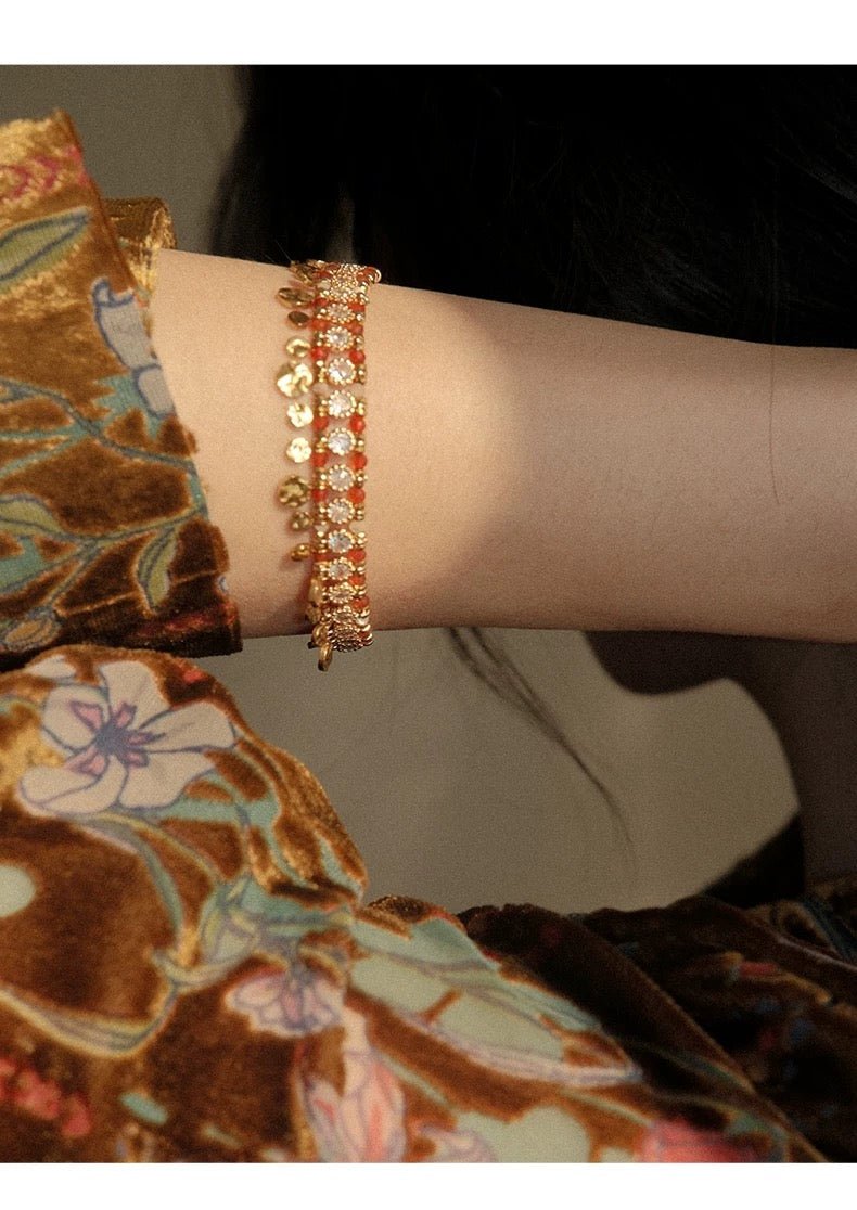 Bohemian Red Agate & Gold Coin Tassel Bracelet - Waterproof Titanium Steel - Doraflora
