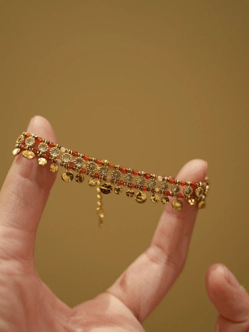 Bohemian Red Agate & Gold Coin Tassel Bracelet - Waterproof Titanium Steel - Doraflora