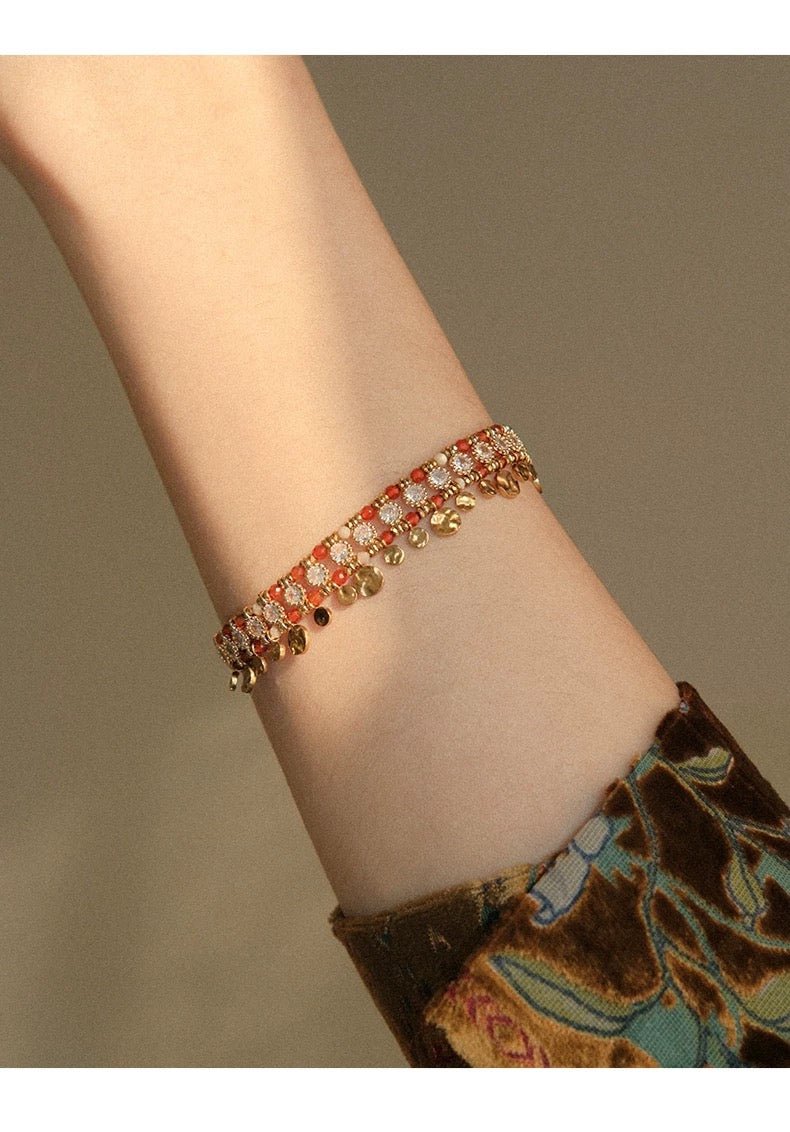 Bohemian Red Agate & Gold Coin Tassel Bracelet - Waterproof Titanium Steel - Doraflora