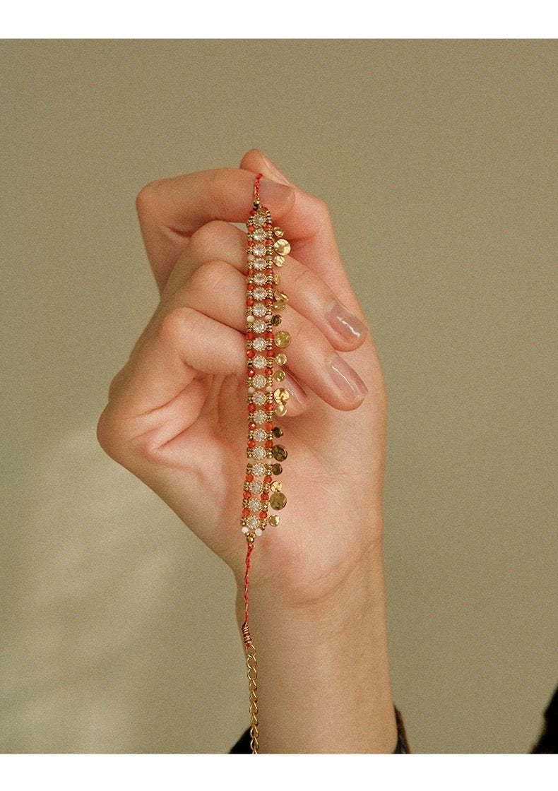 Bohemian Red Agate & Gold Coin Tassel Bracelet - Waterproof Titanium Steel - Doraflora