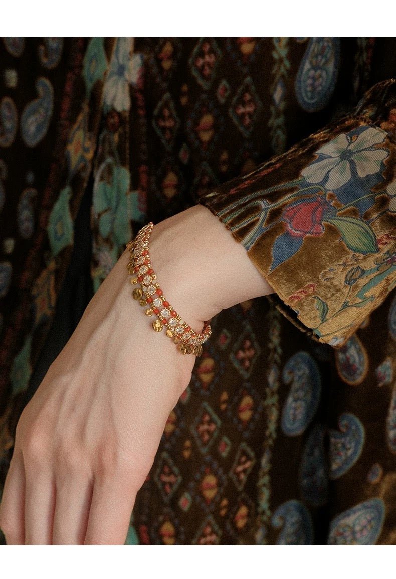 Bohemian Red Agate & Gold Coin Tassel Bracelet - Waterproof Titanium Steel - Doraflora