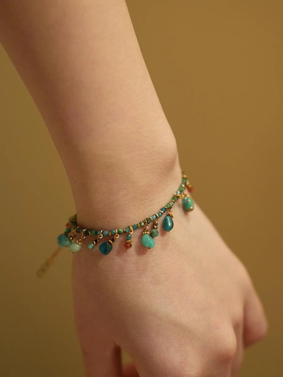 Bohemian Turquoise Beaded Tassel Bracelet - Waterproof Titanium Steel Chain - Doraflora
