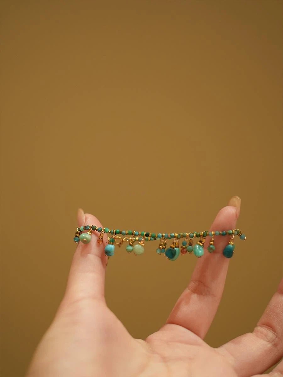 Bohemian Turquoise Beaded Tassel Bracelet - Waterproof Titanium Steel Chain - Doraflora
