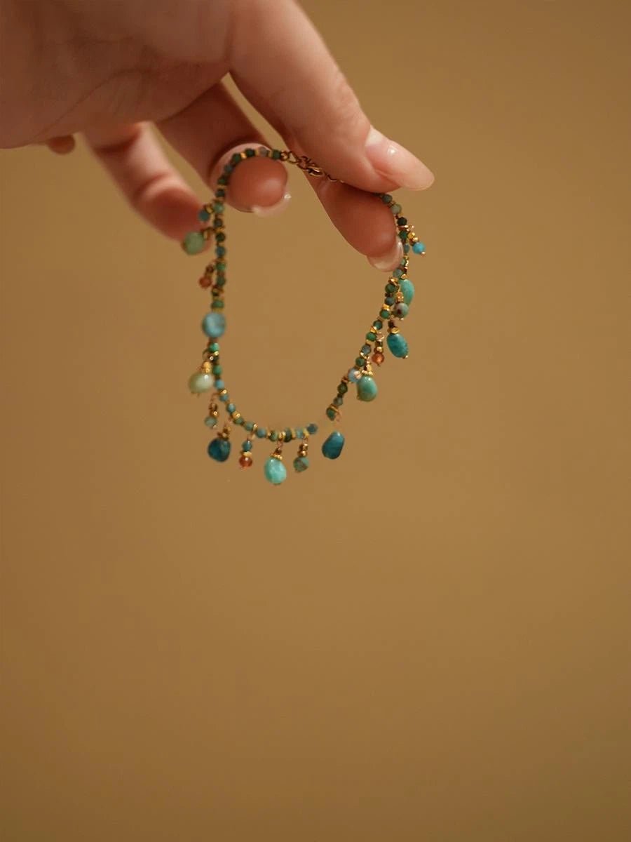 Bohemian Turquoise Beaded Tassel Bracelet - Waterproof Titanium Steel Chain - Doraflora