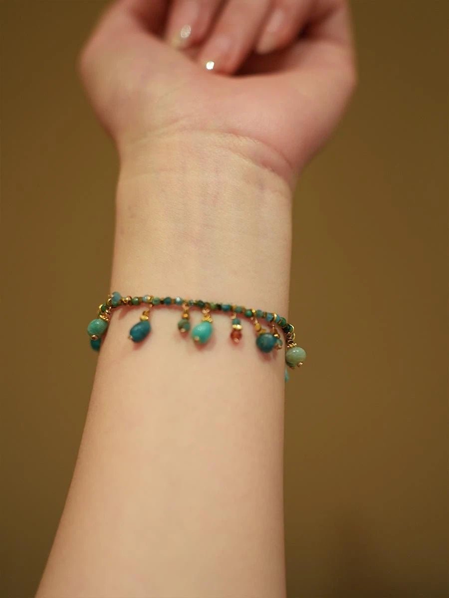 Bohemian Turquoise Beaded Tassel Bracelet - Waterproof Titanium Steel Chain - Doraflora