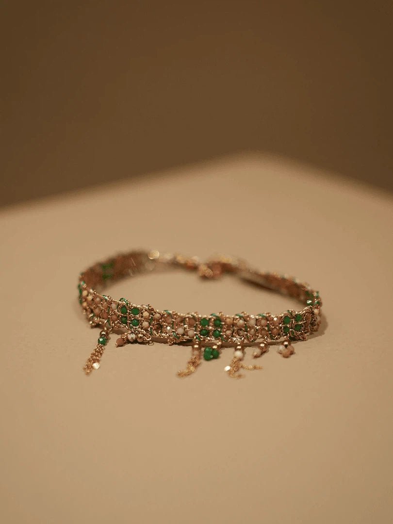 Boho Handwoven Green & Pink Beaded Tassel Bracelet - Gold Plated Adjustable Jewelry - Doraflora