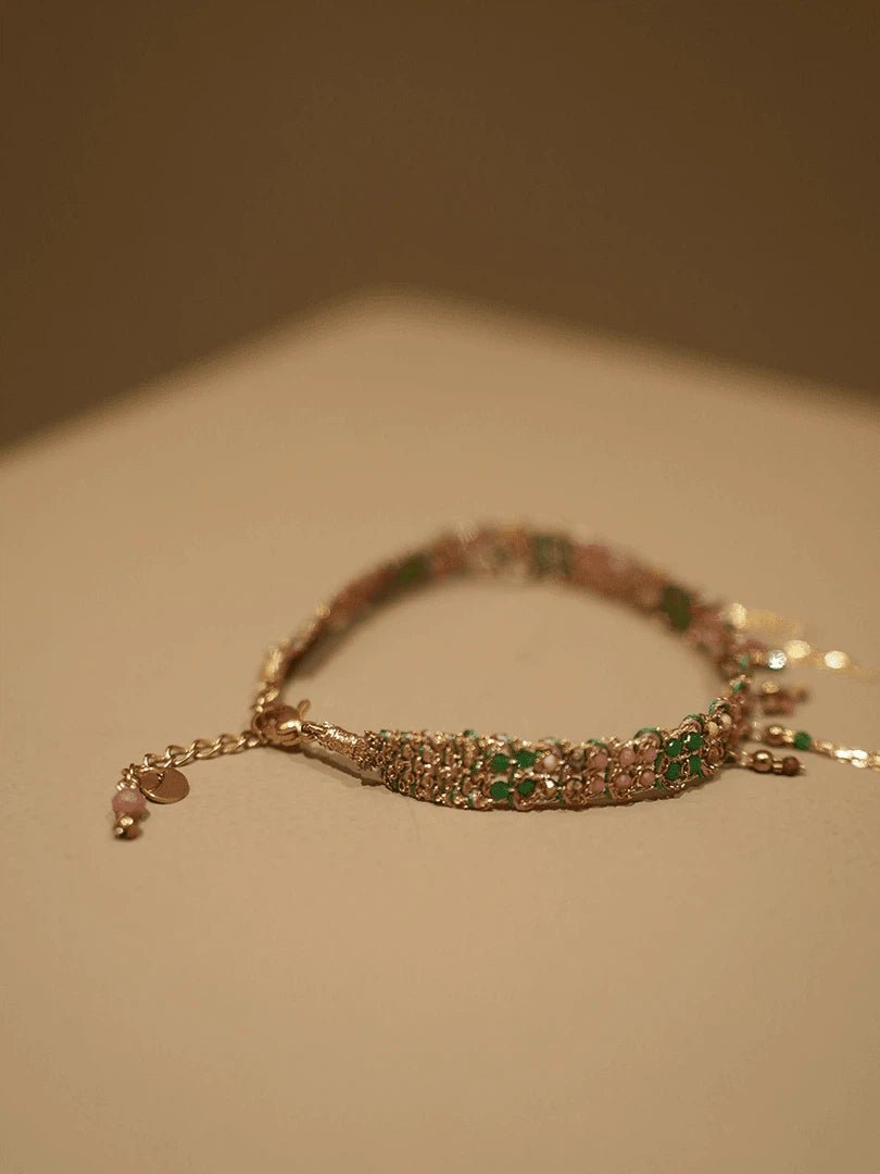 Boho Handwoven Green & Pink Beaded Tassel Bracelet - Gold Plated Adjustable Jewelry - Doraflora