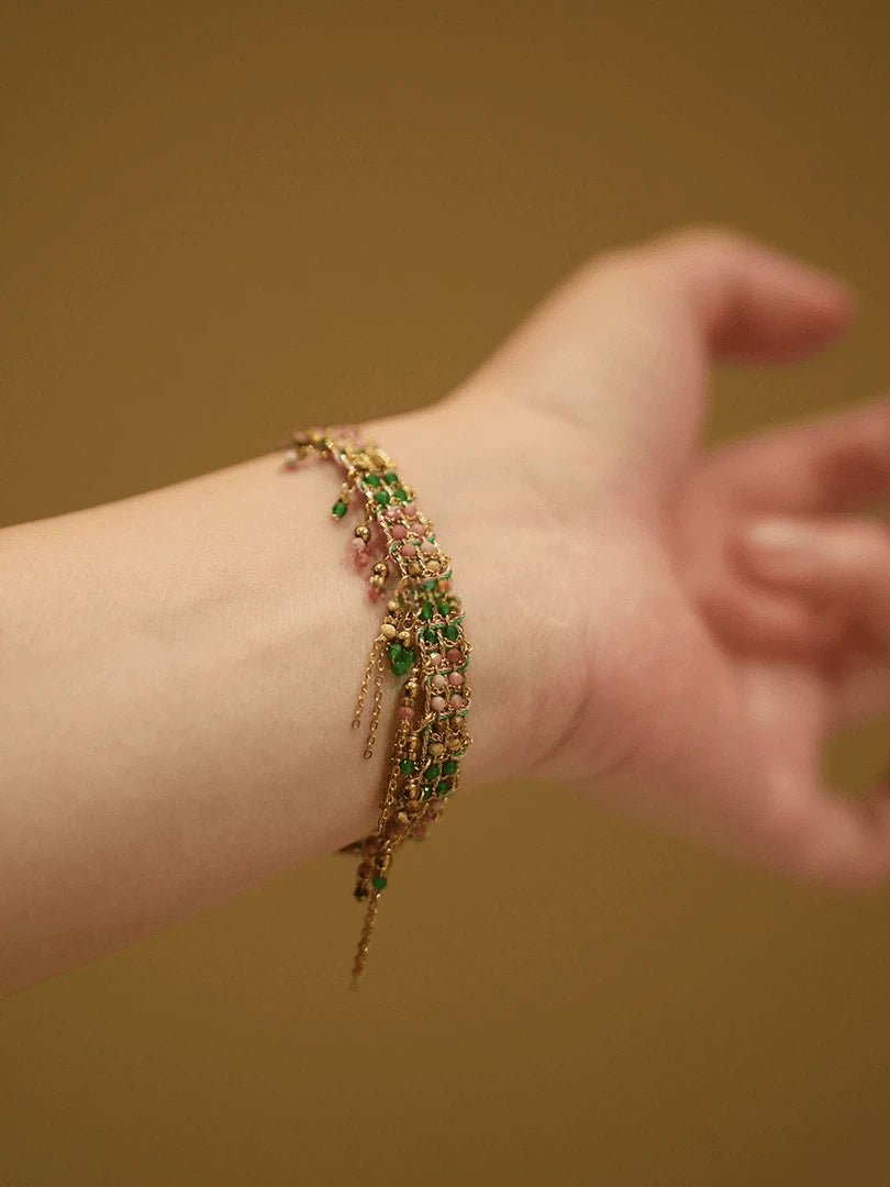 Boho Handwoven Green & Pink Beaded Tassel Bracelet - Gold Plated Adjustable Jewelry - Doraflora