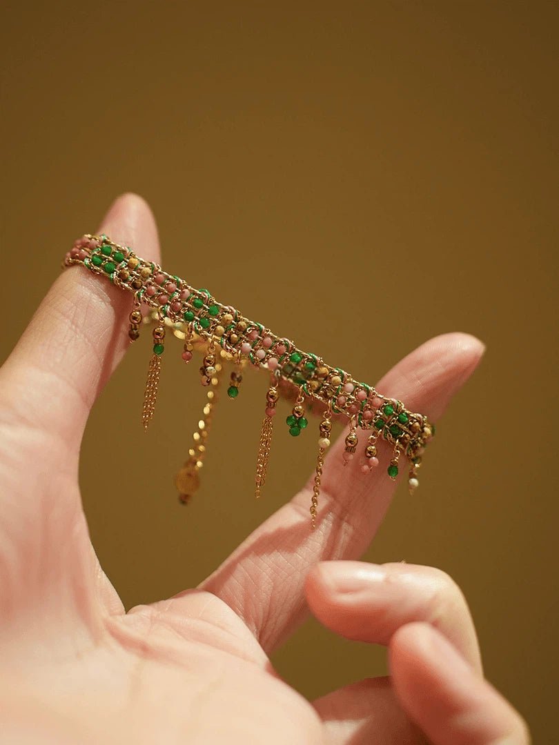 Boho Handwoven Green & Pink Beaded Tassel Bracelet - Gold Plated Adjustable Jewelry - Doraflora