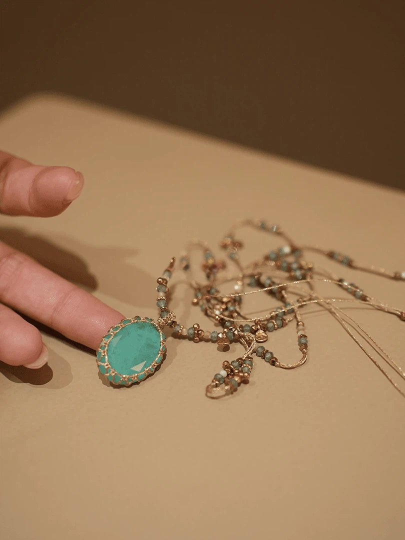 Boho Handwoven Natural Turquoise Pendant Necklace - Fabric Beaded Handmade Jewelry - Doraflora