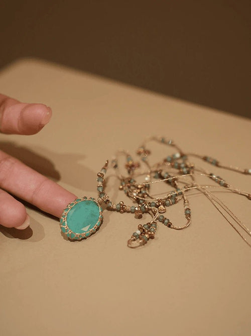 Boho Handwoven Natural Turquoise Pendant Necklace - Fabric Beaded Handmade Jewelry - Doraflora