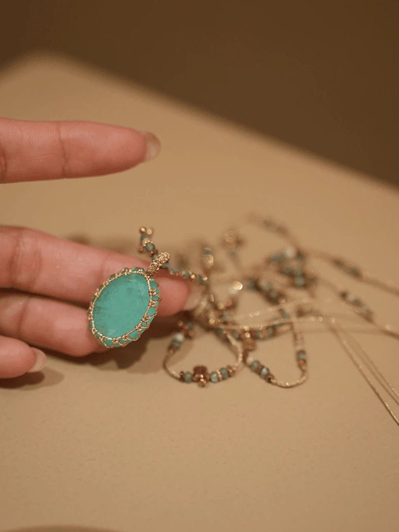 Boho Handwoven Natural Turquoise Pendant Necklace - Fabric Beaded Handmade Jewelry - Doraflora