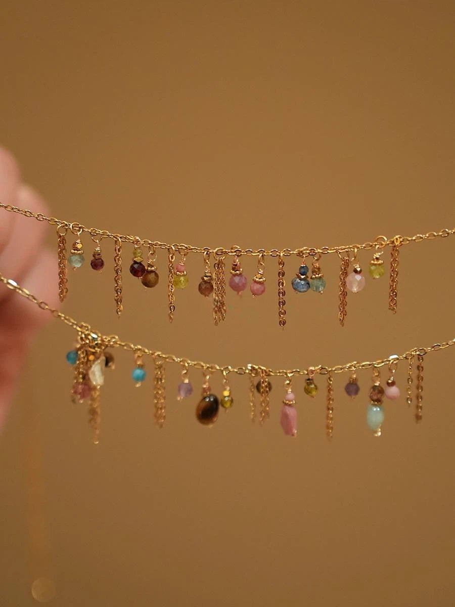 Boho Multi - Color Gemstone Tassel Bracelet | Adjustable Gold Chain with Natural Stone Drops - Doraflora