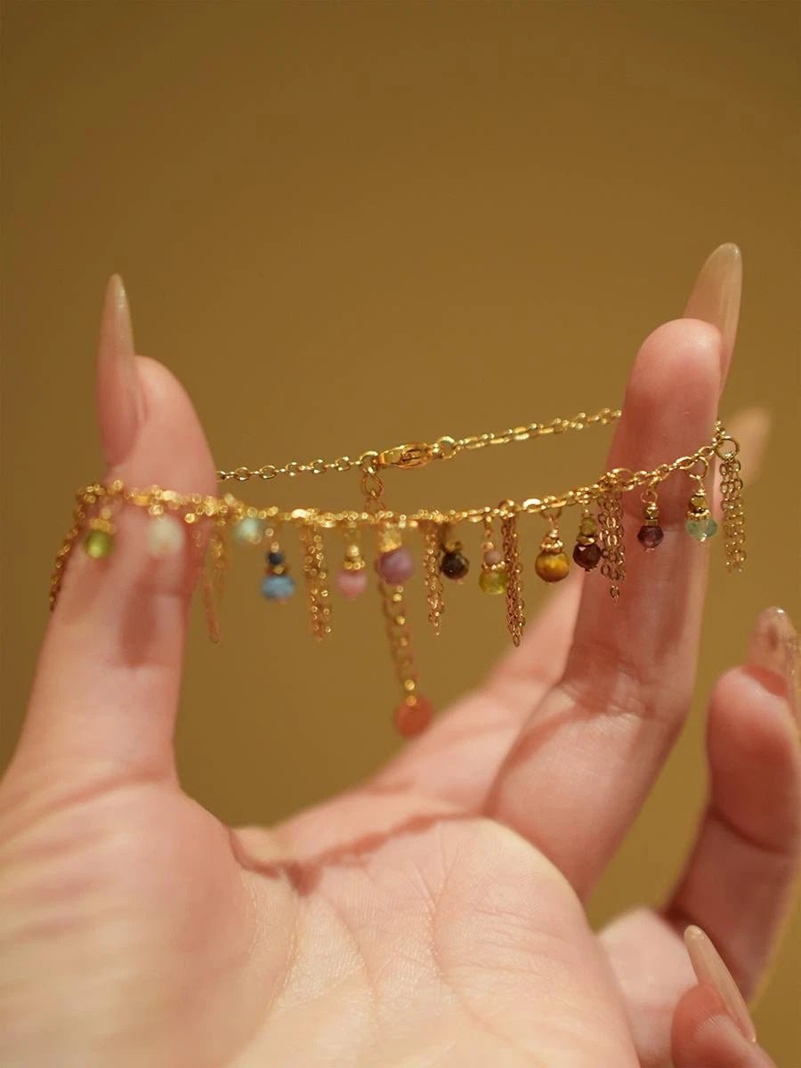 Boho Multi - Color Gemstone Tassel Bracelet | Adjustable Gold Chain with Natural Stone Drops - Doraflora