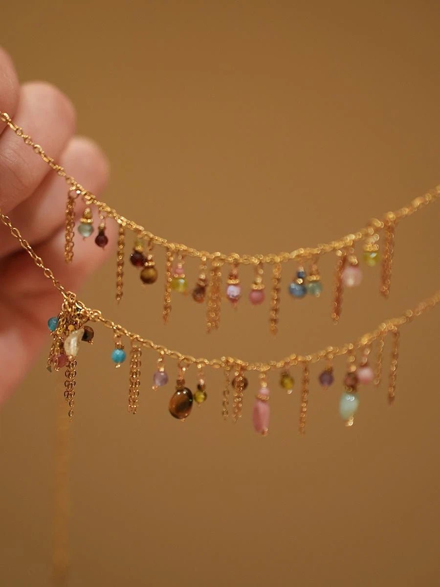 Boho Multi - Color Gemstone Tassel Bracelet | Adjustable Gold Chain with Natural Stone Drops - Doraflora