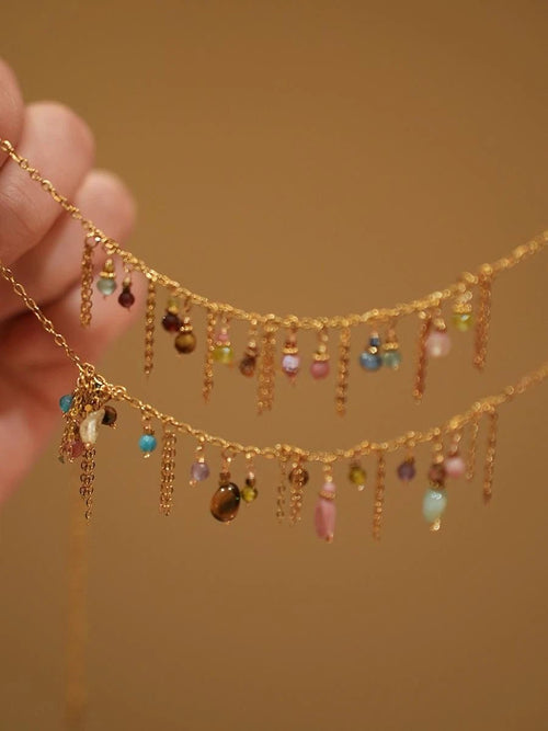 Boho Multi - Color Gemstone Tassel Bracelet | Adjustable Gold Chain with Natural Stone Drops - Doraflora