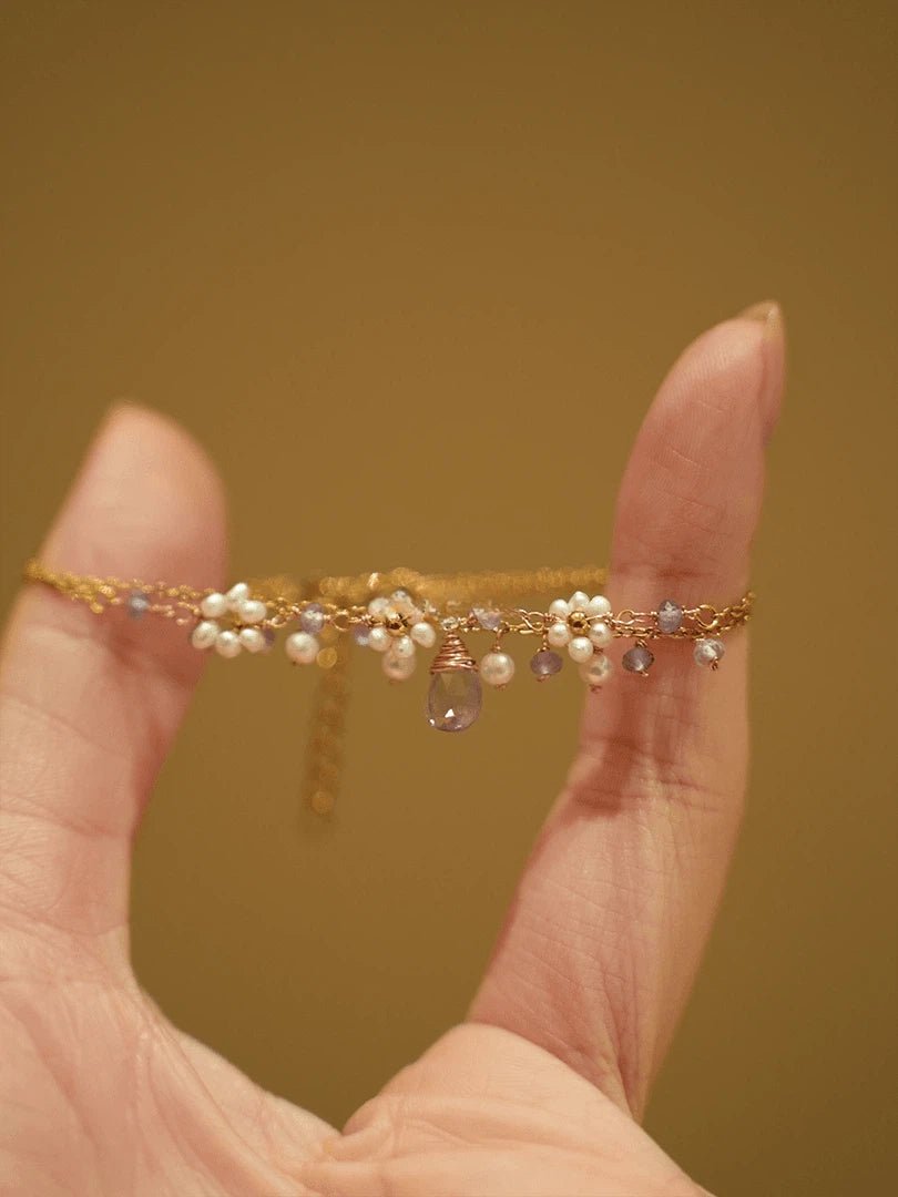 Dainty Amethyst & Pearl Flower Bracelet - Waterproof Titanium Steel Chain - Doraflora