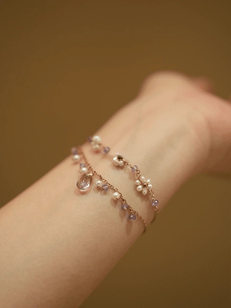 Dainty Amethyst & Pearl Flower Bracelet - Waterproof Titanium Steel Chain - Doraflora