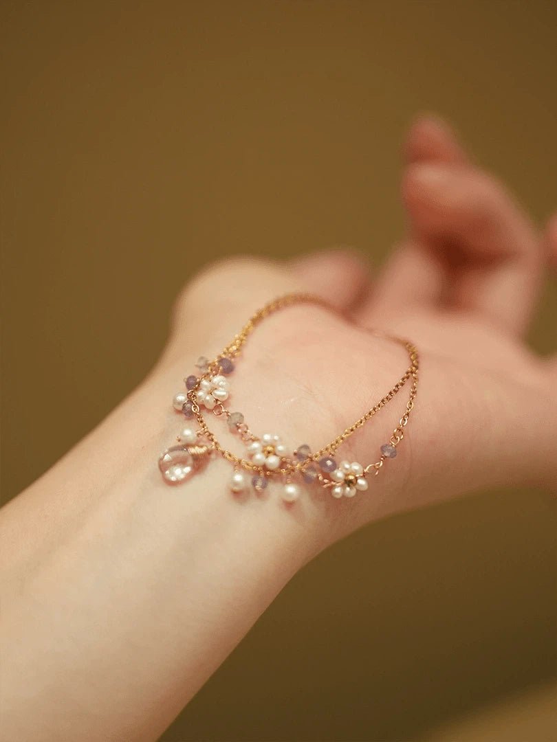 Dainty Amethyst & Pearl Flower Bracelet - Waterproof Titanium Steel Chain - Doraflora
