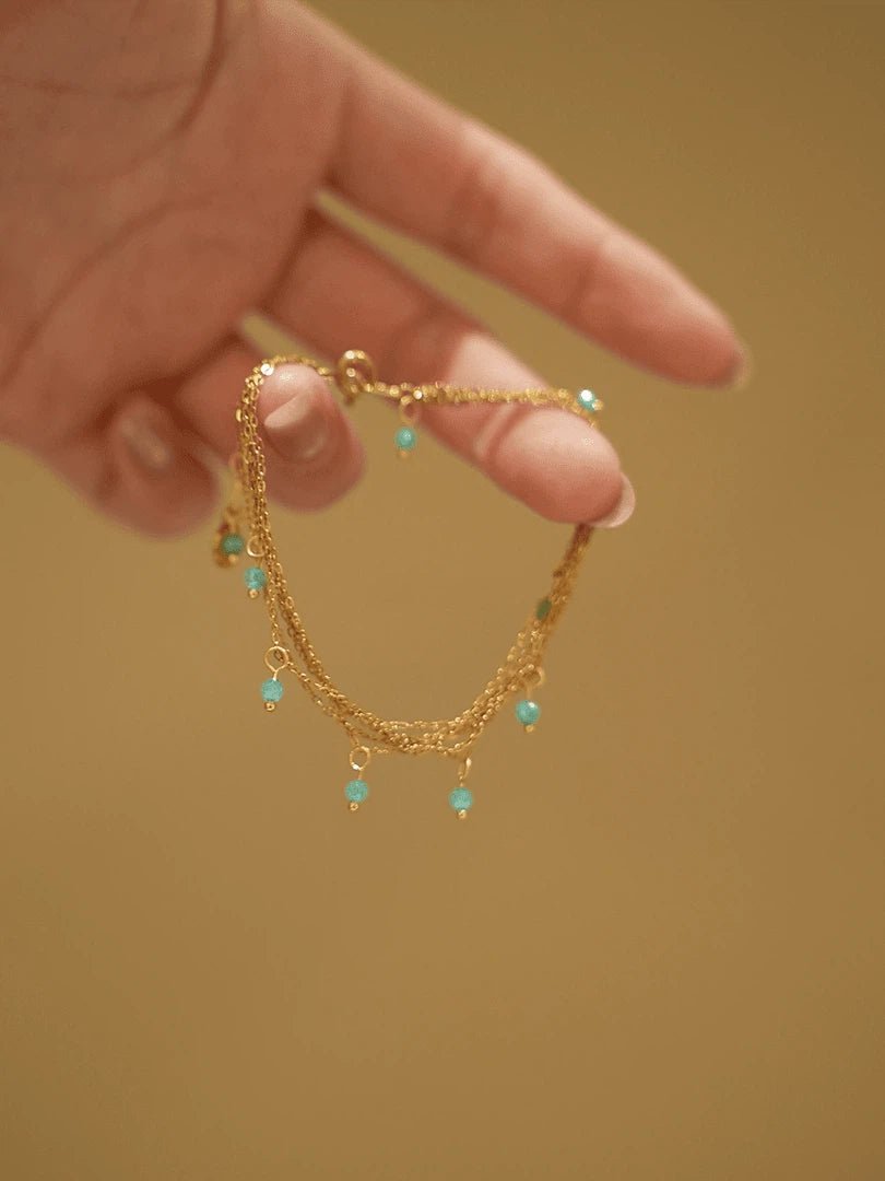 Dainty Green Crystal Charm Bracelet - Waterproof Titanium Steel Layered Chain - Doraflora