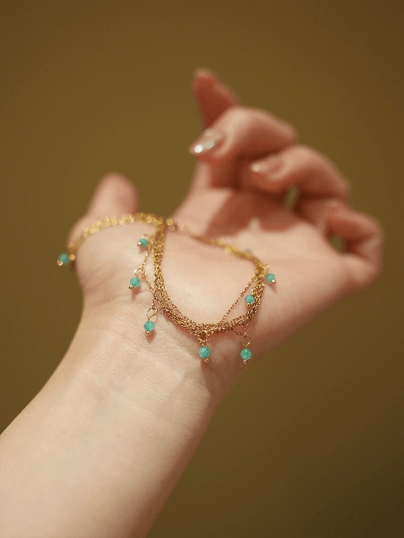 Dainty Green Crystal Charm Bracelet - Waterproof Titanium Steel Layered Chain - Doraflora